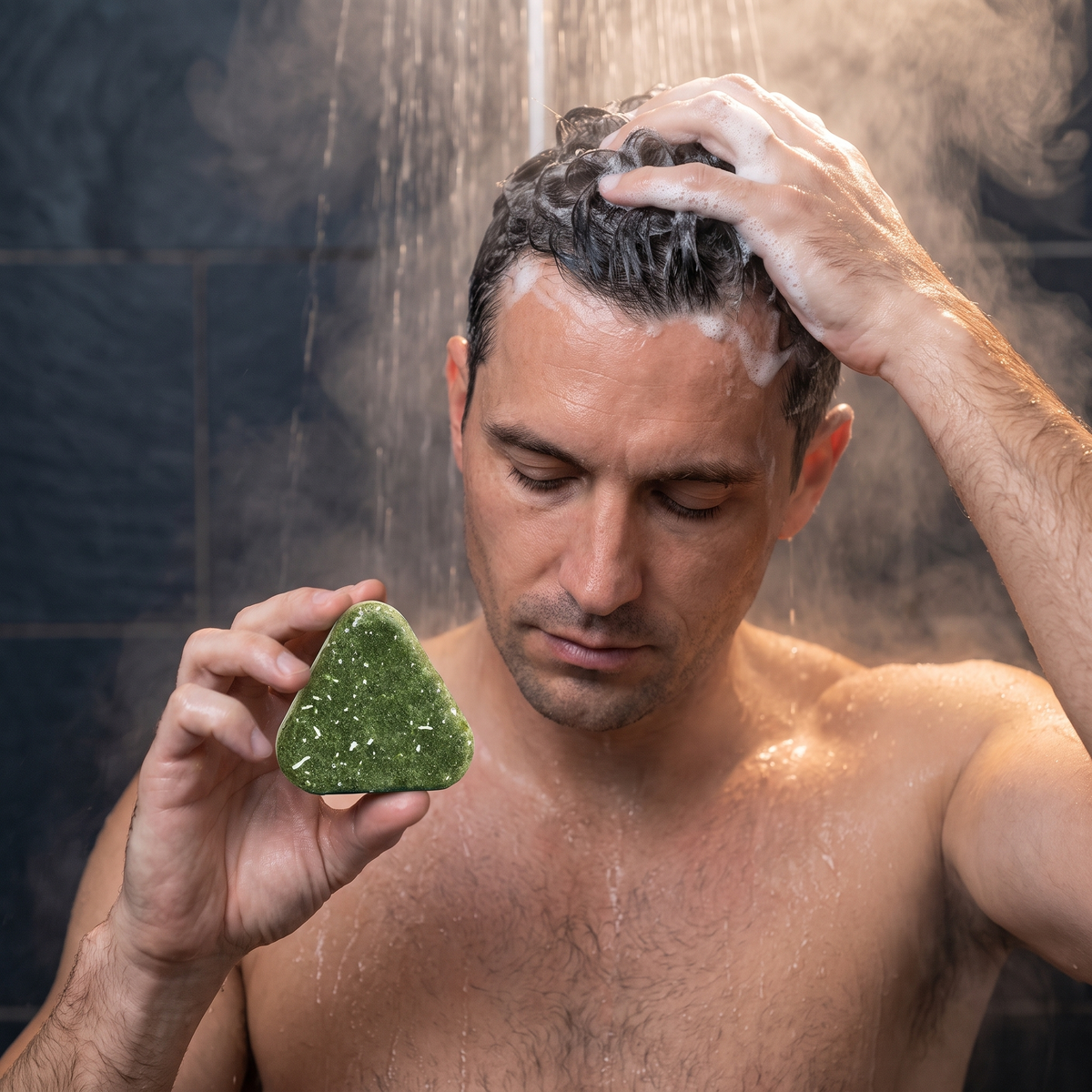 Homme utilisant la barre Miraé sous la douche